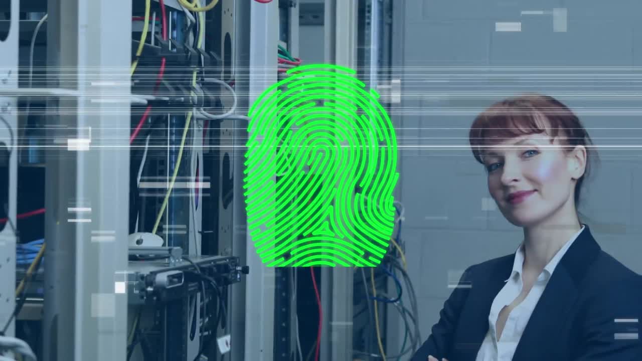 animación de escáner biométrico de huellas dactilares sobre ingeniera caucásica sonriendo en la sala de servidores