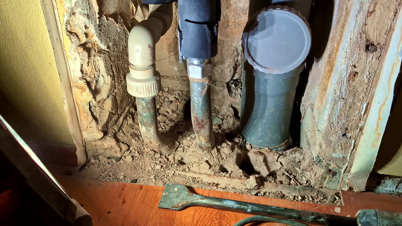 Exposed building risers and damaged wall structure with corroded pipes and fittings