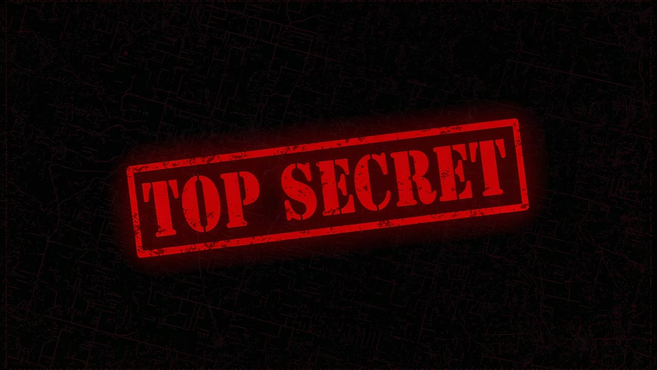 Pulsing from start, red TOP SECRET stamp with stencil letters on black backdrop, marking secrecy