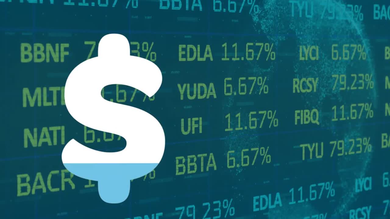 animazione del segno del dollaro sull'elaborazione dei dati finanziari