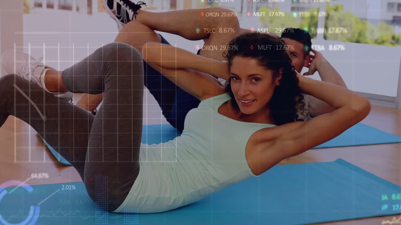 Starting set, front woman and man doing bicycle-crunches on mats, overlay tracking reps for fitness