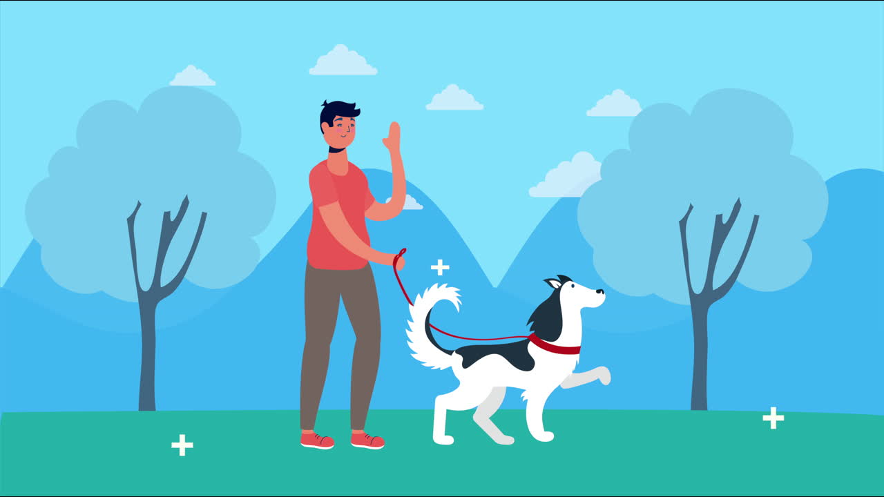 스마트폰과 소셜 미디어 기술을 사용하는 남자가 개를 산책시키고 있습니다.