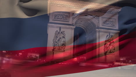 animation du drapeau de la russie agitant sur l'arc de triomphe à paris