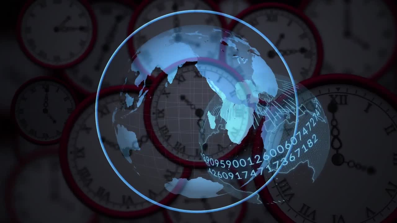 animación del globo giratorio y procesamiento de datos sobre relojes giratorios