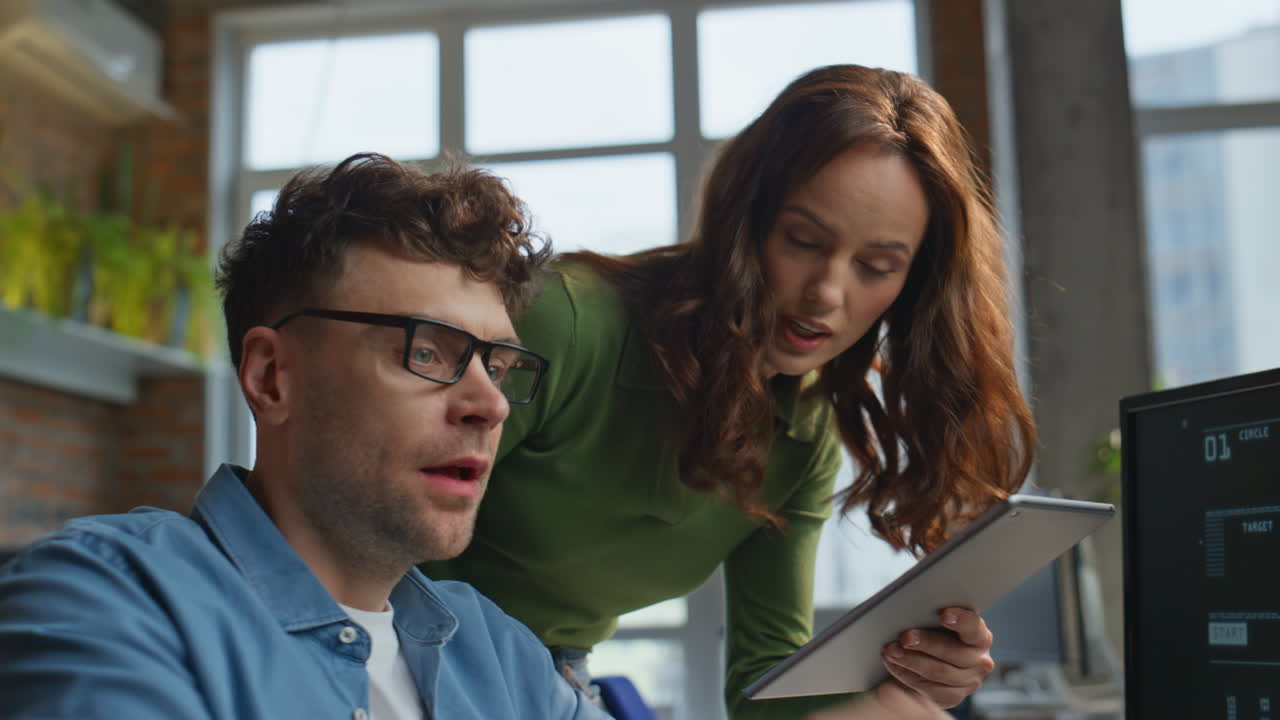 Project managers discussing ideas interacting together in modern office closeup