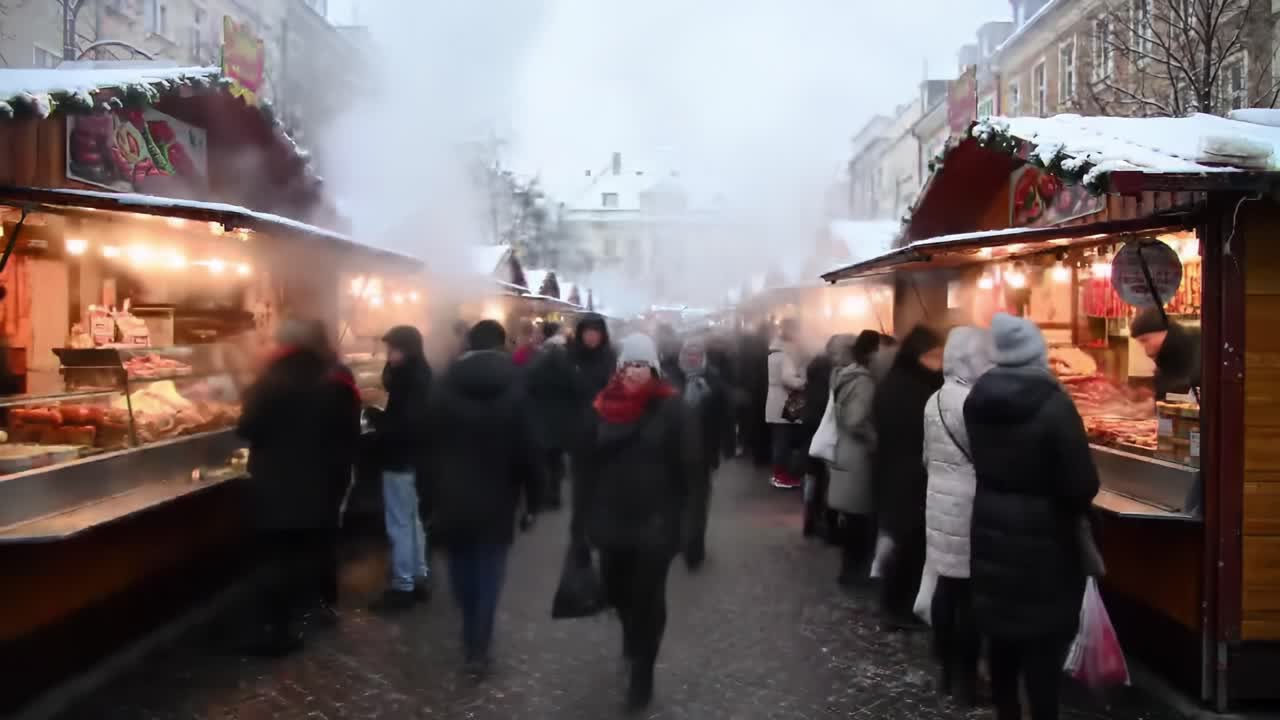 Bustling Winter Market Scene: Crowds Navigate Through Stalls Amidst Steamy Air and Seasonal Decorations in a Vibrant Atmosphere of Commerce and Community Interaction