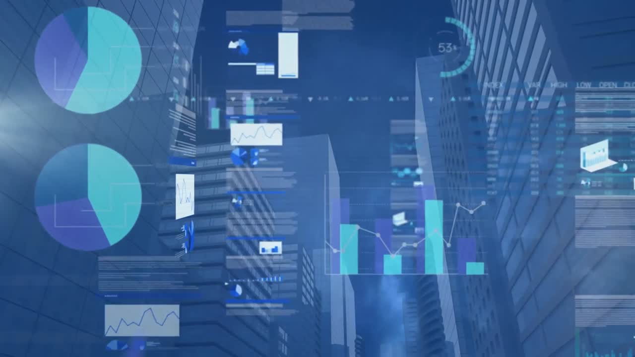 Animation of data processing over cityscape