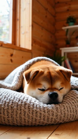 a shiba inu sleeping comfortably under a blanket