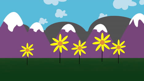 Cartoon-Animationshintergrund-Mit-Blumen-Und-Berg