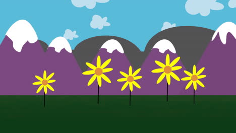 cartoon animation background with flowers and mountain