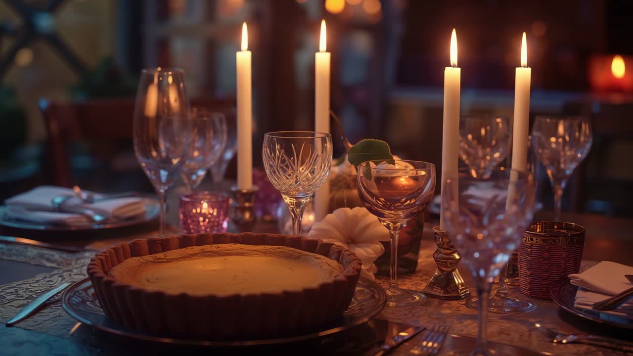 Flickering candle flames casting warm reflections across wooden dining table, with fluted tart