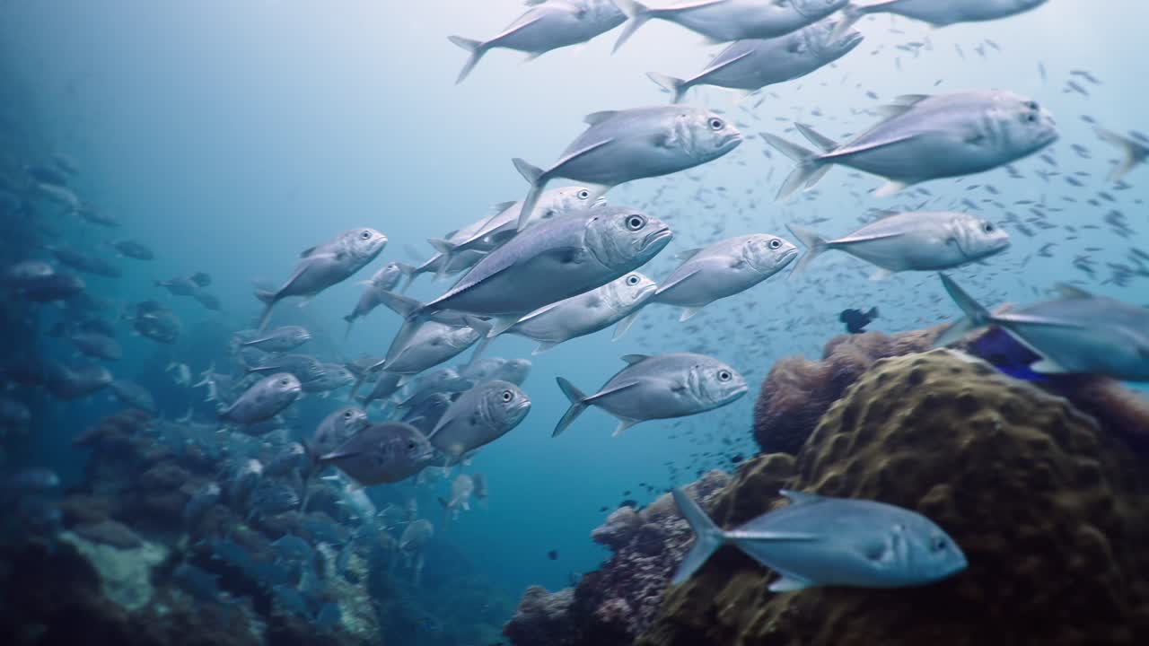 School of Silver Fish Swimming in Blue Ocean Water