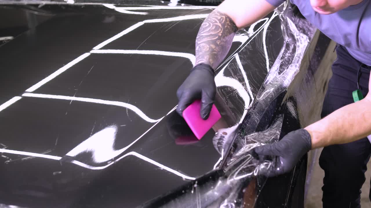 hombre que cubre el coche con cinta de poliuretano de vinilo. películas para el coche. pegatina película protectora en el coche