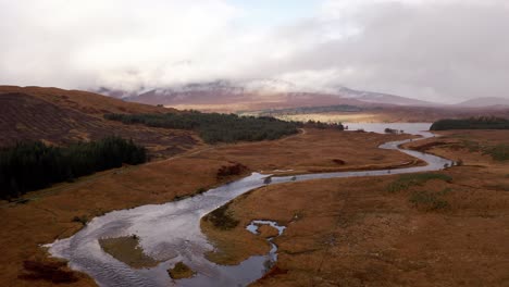 aerial - river orchy, glencoe, scottish highlands, scotland, wide reverse shot