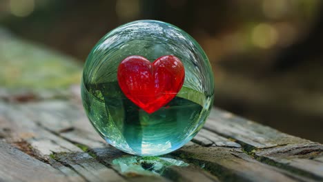 crystal sphere with small red heart resting on weathered wooden surface, featuring blurred green natural background showcasing delicate symbolism of love and emotion