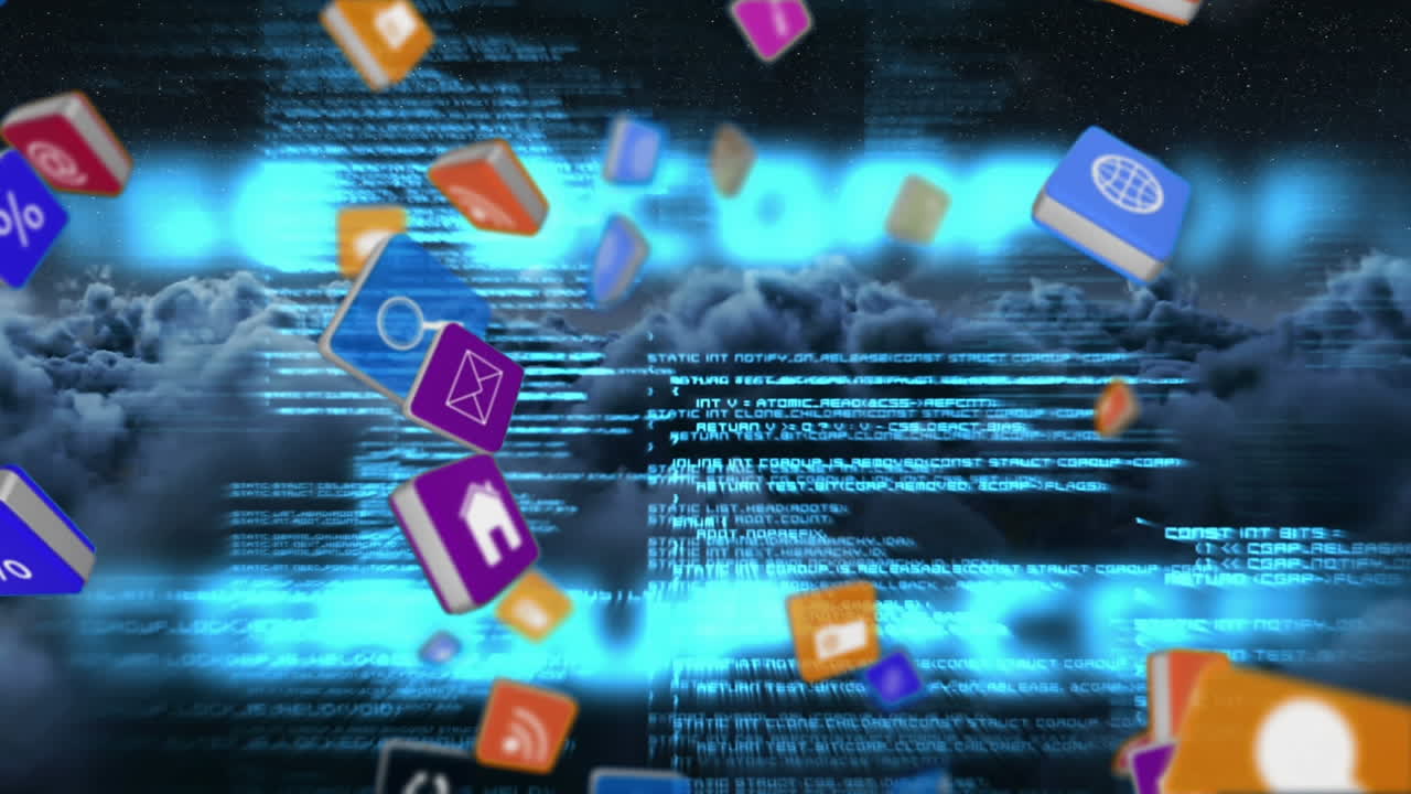 Online and application icons in squares and program codes in the sky
