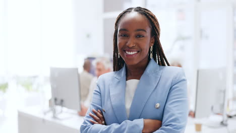 happy, smile and face of business woman in office