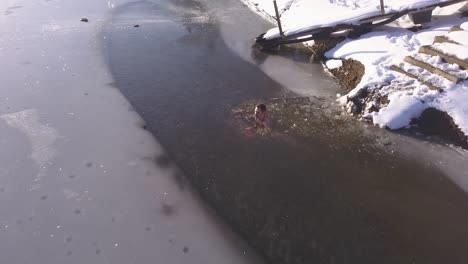 Drone-ascending-from-surface-of-frozen-lake-with-man-sitting-in-frigid-water-up-to-his-neck