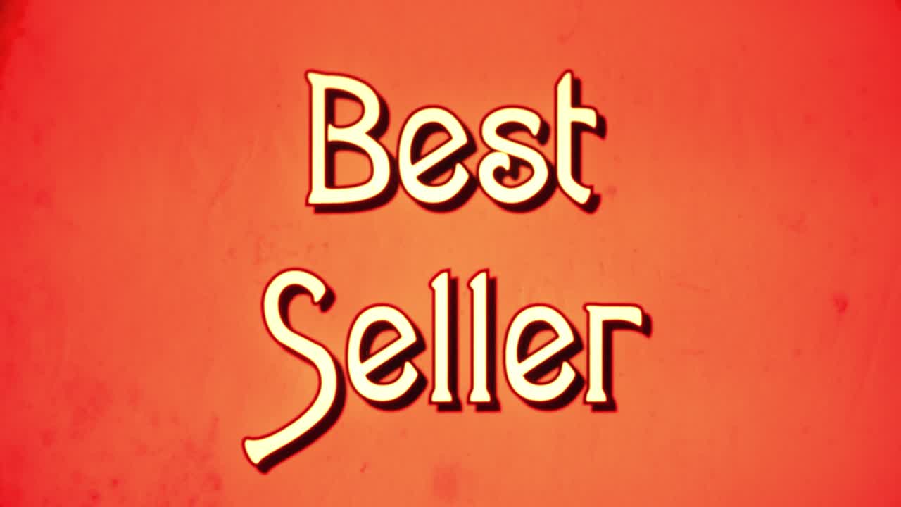 un mensaje de texto, fuente retro de fantasía, estilo de película dañado de los años setenta, apareciendo con una animación de agrandamiento de letras: mejor vendedor