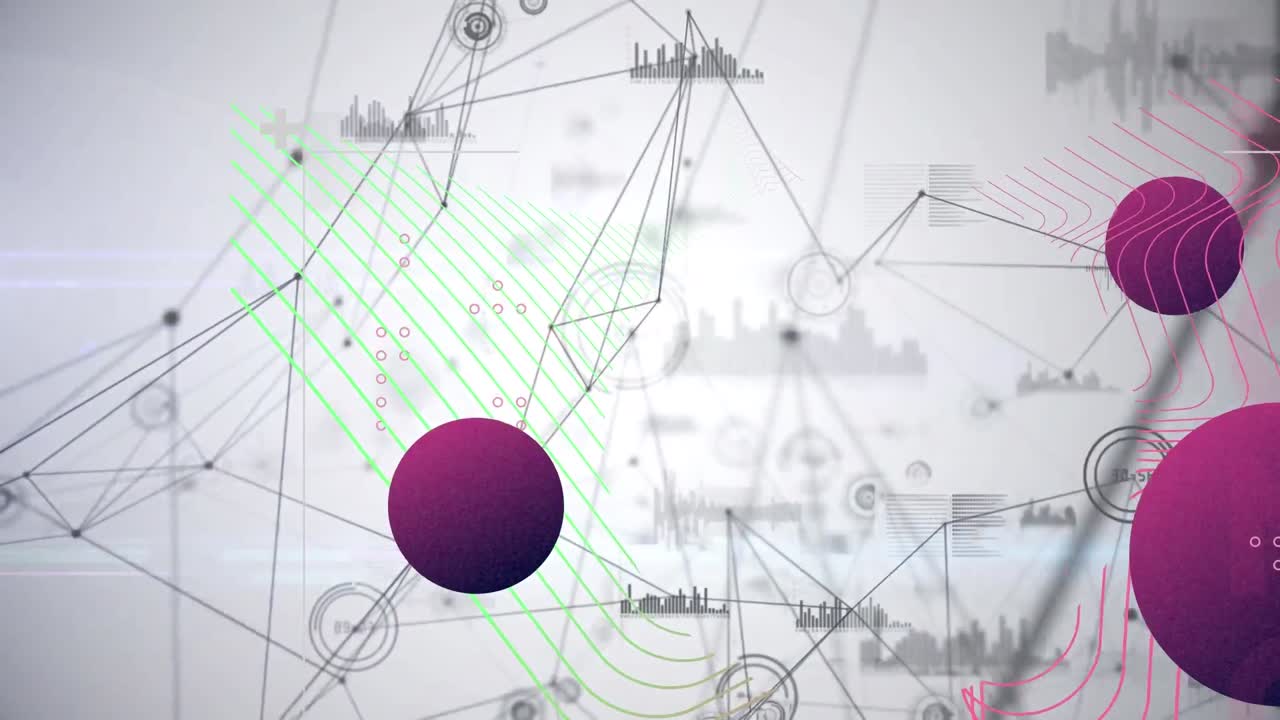 animación de formas a través de una red de conexiones y procesamiento de datos sobre fondo blanco