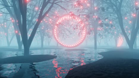 4k video animation of foggy riverside landscape, with trees and magical pink environment and neon effect sci-fi object floating over the water.