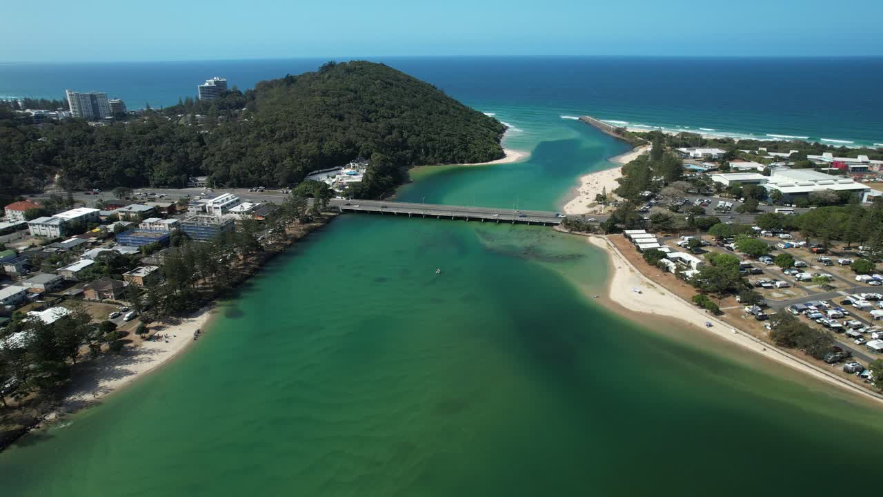 Tallebudgera Creek Bridge In Burleigh Heads, Queensland, Australia - Aerial Pullback