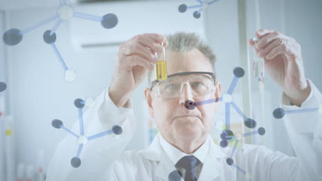 animación de procesamiento de moléculas sobre científico caucásico en el laboratorio