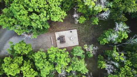 descending drone shot reveals campground setup amidst lush green trees