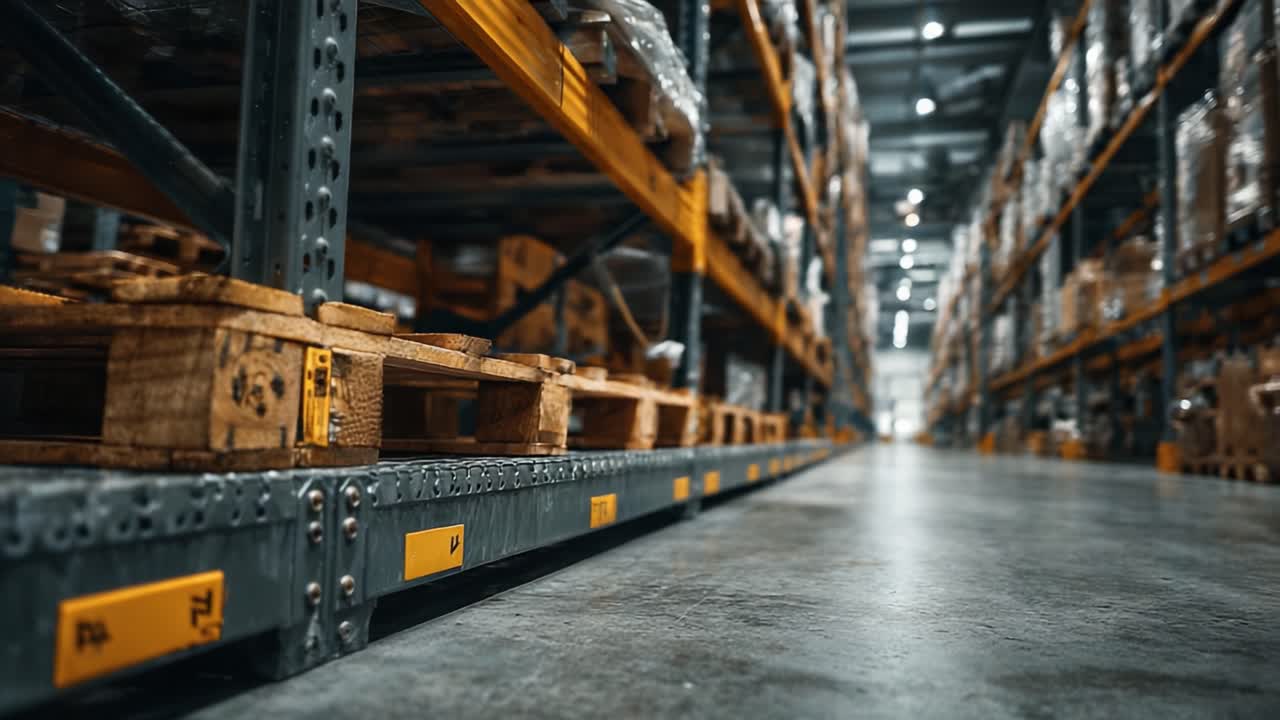 A Detailed Look at an Organized Warehouse Aisle with Wooden Pallets and Industrial Shelving, Showcasing Efficient Storage Solutions and Logistics Management