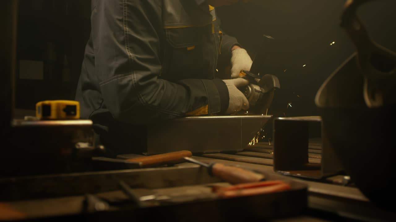 trabajador industrial cortando metal con muchas chispas afiladas. interior de la planta de maquinaria de la industria pesada con trabajador industrial cortando un tubo de metal. fábrica de metal y hierro. cámara lenta. video 4k. rodado en rojo