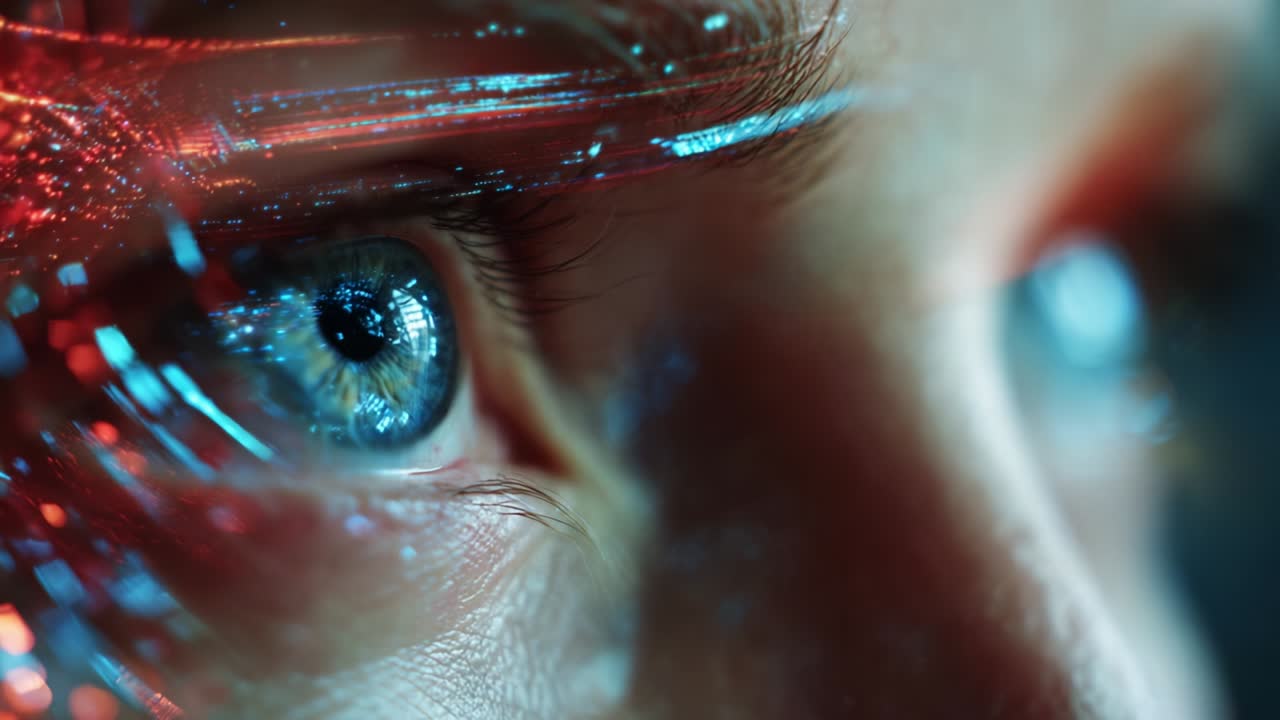 The Futuristic Vision: An Intense Close-Up of Human Eyes with Circuit Patterns Reflecting Digital Data and Brilliant Colors, Exemplifying the Intricacies of Technology Merging with Human Perception and Experience