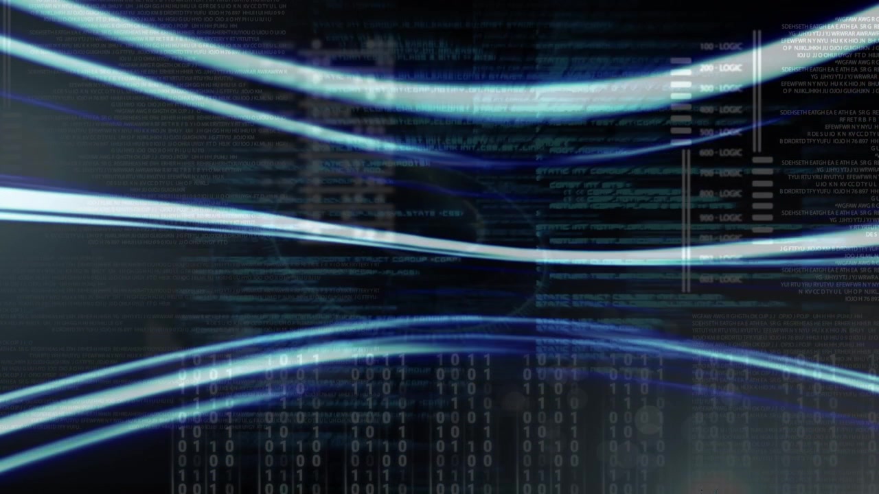 Animation of light trails over data processing on black background