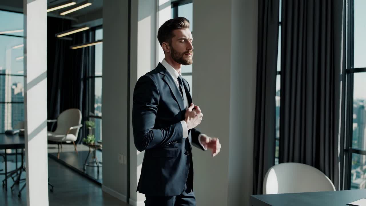 En eftertænksom mand i jakkesæt står ved et vindue i et moderne kontor. Videoen fanger ham fra siden