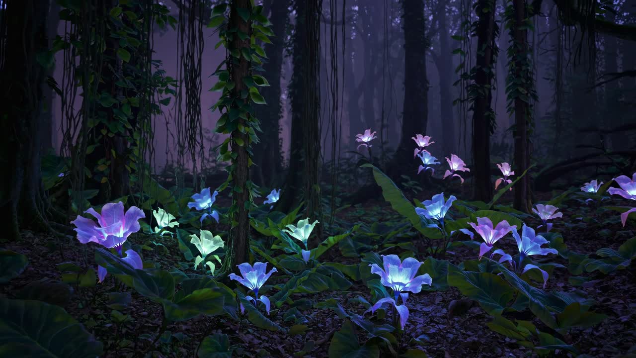 A mystical forest scene with glowing flowers at night, captured from a low-angle
