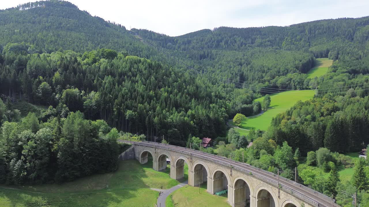semmering ferrocarril sitio del patrimonio mundial de la unesco en austria filmado desde arriba con un avión no tripulado en 4k rodeado de bosque