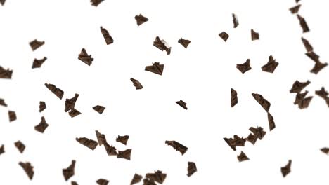 flying many chocolate pieces on black background. foods and sweets. milk and dark. 3d loop animation of chocolate rotating.