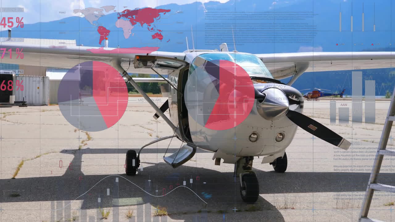 활주로에 있는 소형 비행기에 대한 데이터를 처리하는 차트 애니메이션