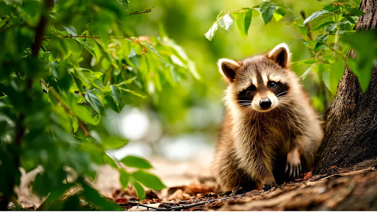 Raccoon in green forest. A small raccoon curiously examines its surroundings in a vibrant green forest during daylight hours