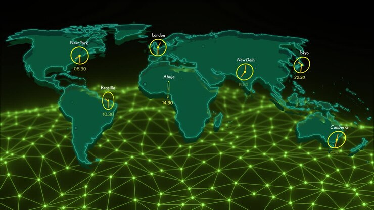 World map with city clocks and time zones animation over green network grid