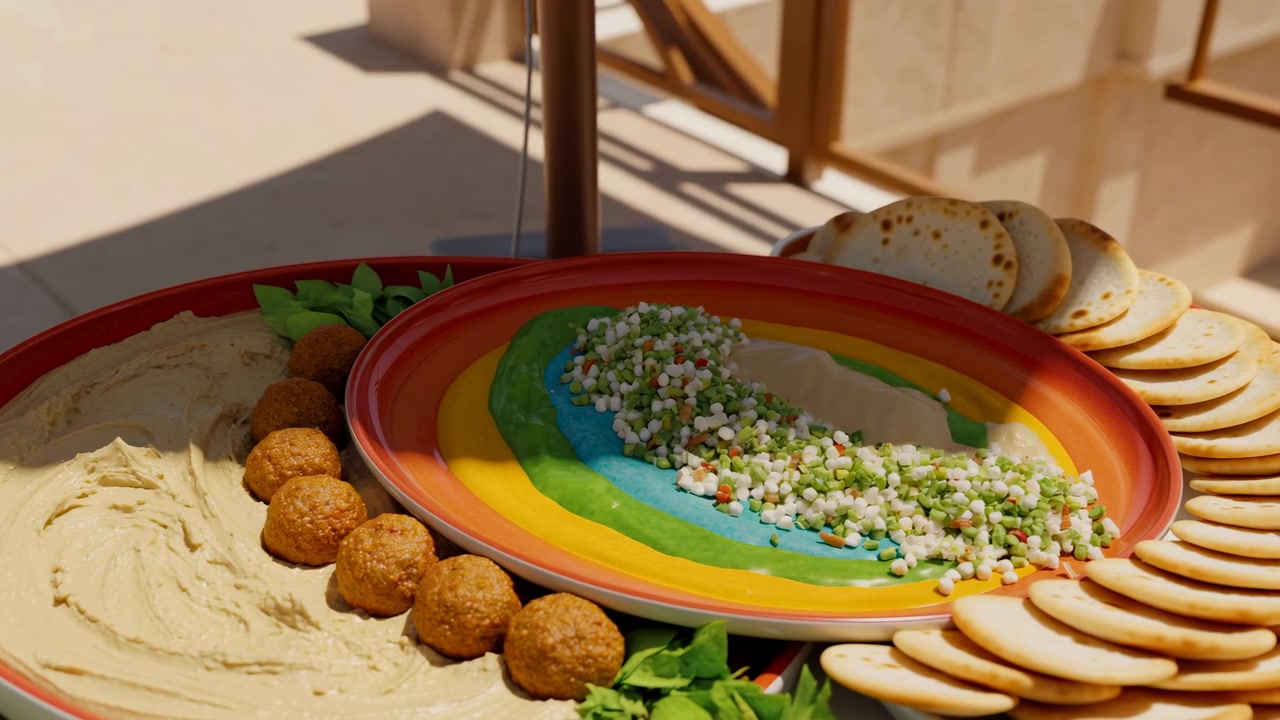 Close-up scene of Mediterranean appetizer platter with creamy hummus in shallow bowl, golden falafel balls, colorful striped ceramic plate, warm sunlight, rustic tabletop, and inviting outdoor