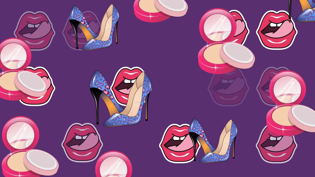 Animazione di icone di scarpe e labbra su sfondo viola