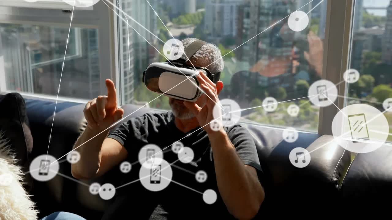 Animation of network of connections with icons over man wearing vr headset