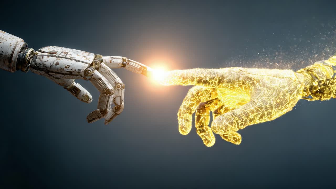 A Fascinating Interaction Between Human-like Artificial Intelligence and Robotic Hand Reaching Out, Sparkling with Energy in a Stunning Visual Representation of Technology and Humanity