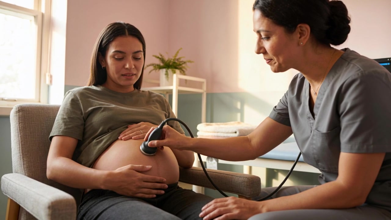 Partera con uniforme gris utiliza un Doppler para escanear a una mujer embarazada en la clínica y localizar el latido fetal