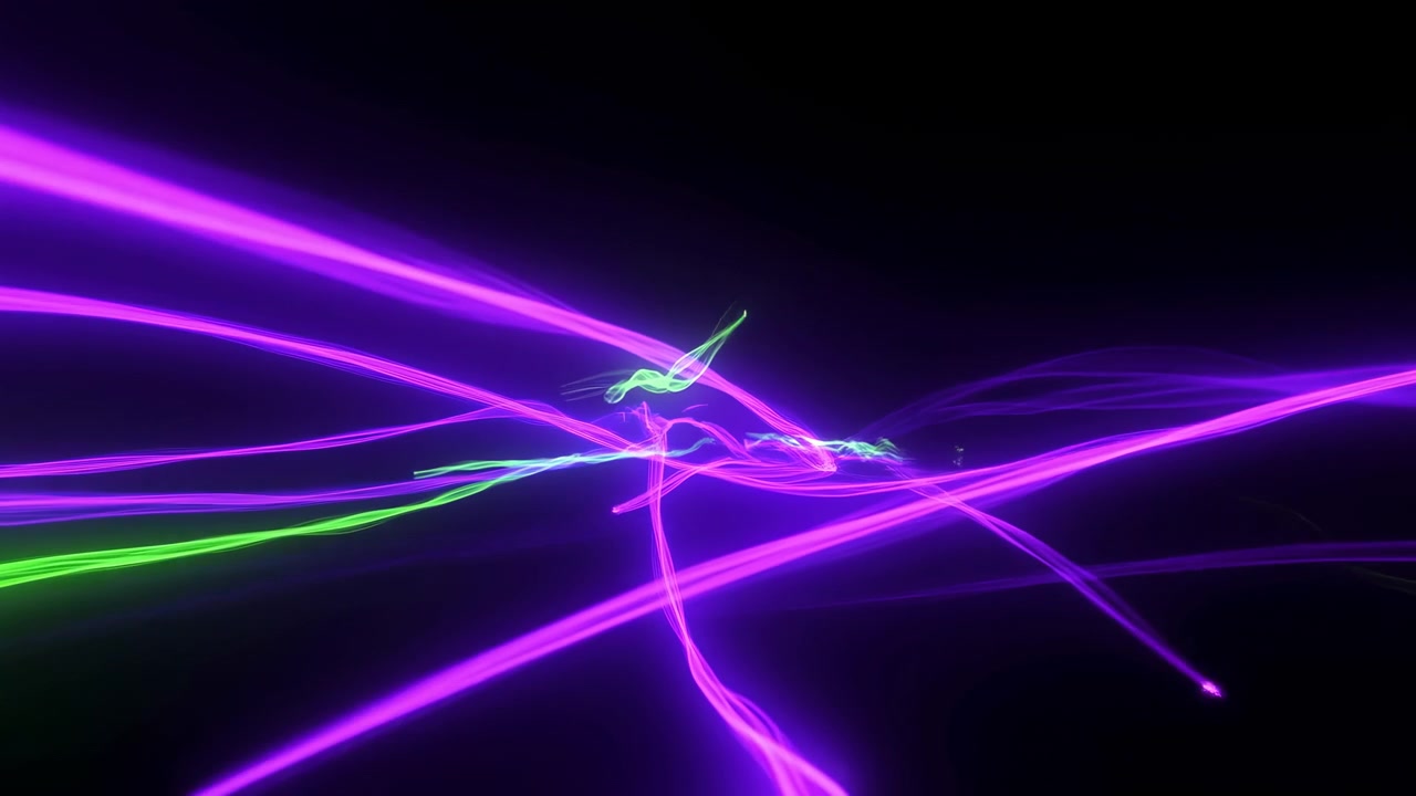 Vivaci linee al neon viola sfrecciano in avanti attraverso il vuoto nero, accenti verde elettrico si intersecano in rapidi scatti