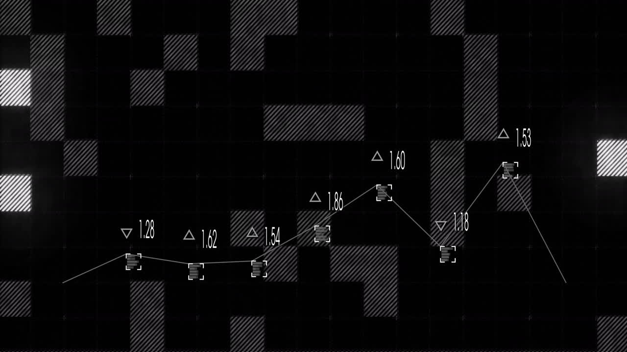 puntos de datos y gráfico de líneas sobre animación de cuadrícula abstracta negra y gris