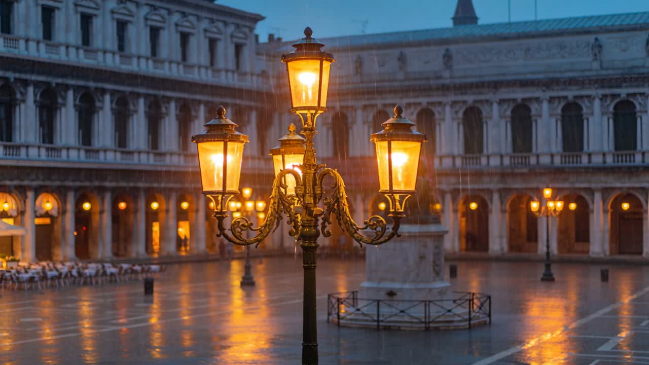Splendente lampada centrale ornamentale proietta un caldo bagliore su una piazza bagnata, con il crepuscolo che si intensifica e un porticato.
