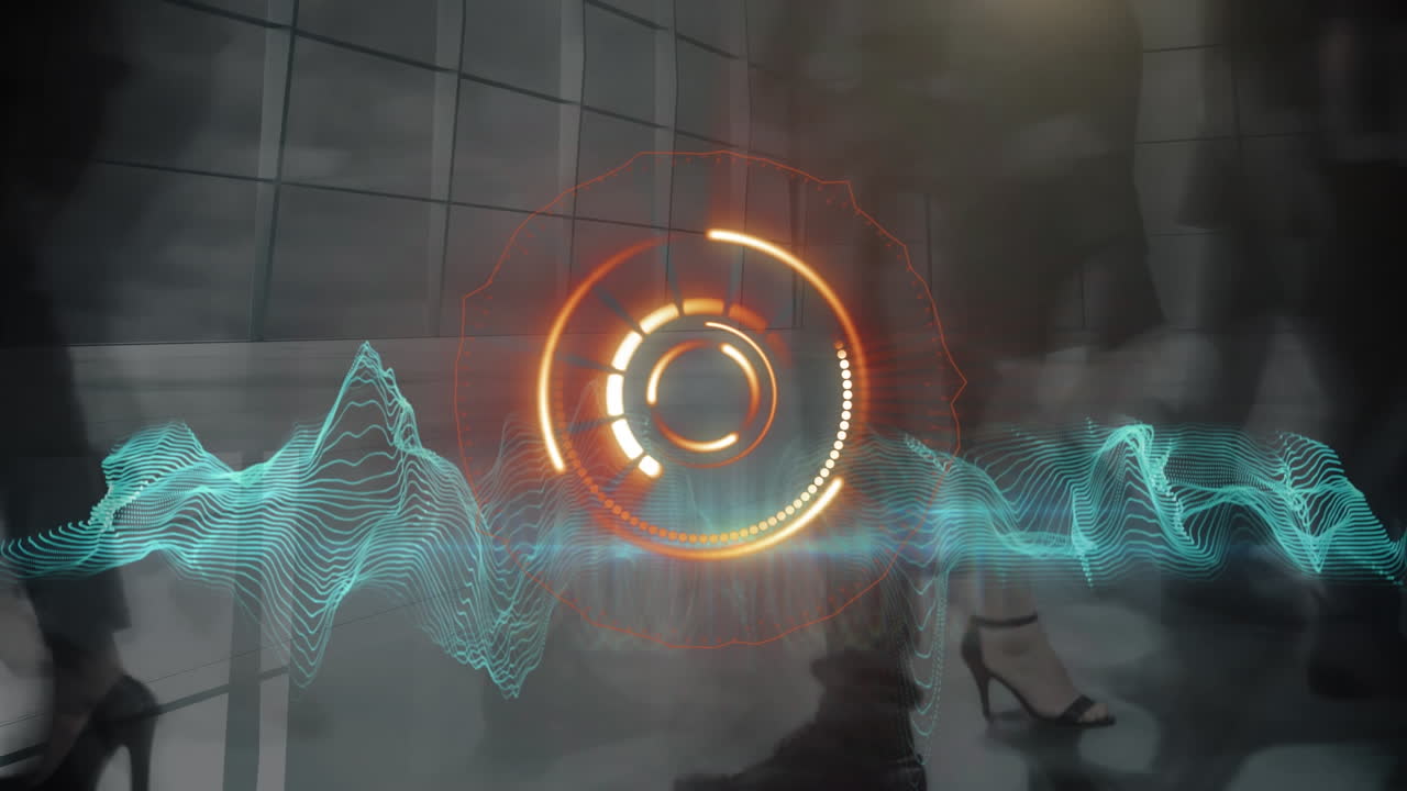 animación del procesamiento de datos financieros sobre personas de negocios caminando