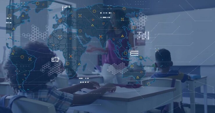 Teacher gesturing toward globe in classroom while fading in digital world map links for education