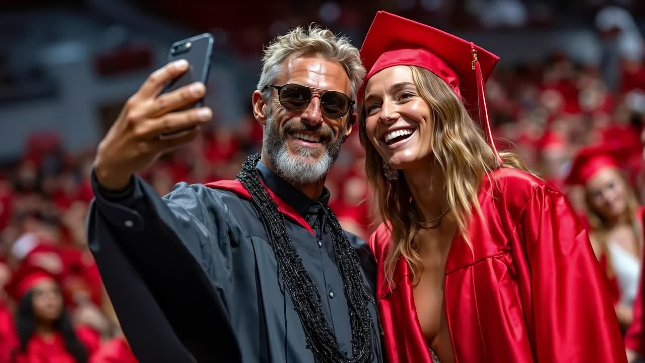 Un uomo e una donna che si fanno un selfie a una cerimonia di laurea